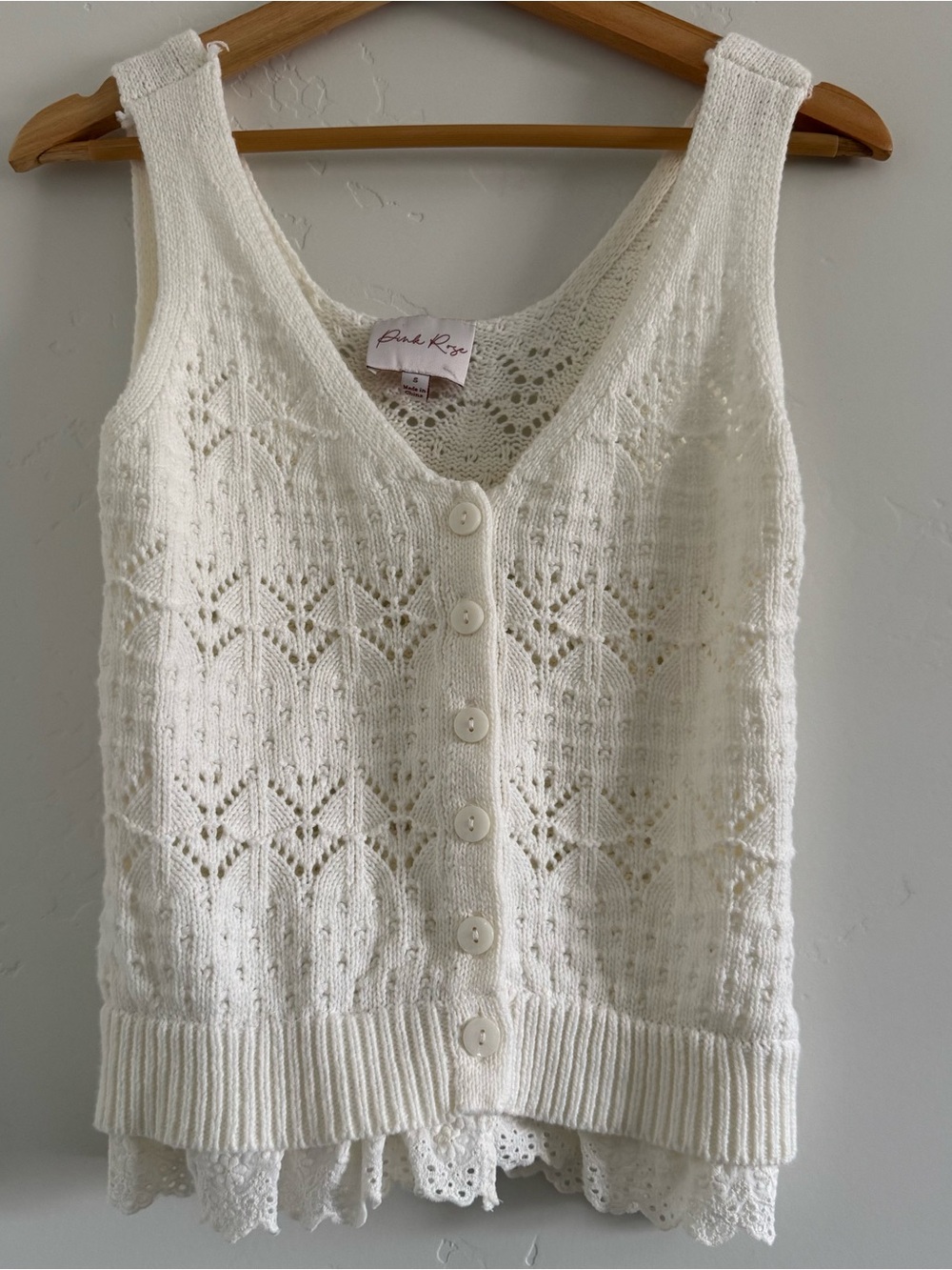 Pink Rose Cream Openwork Knit Button Vest